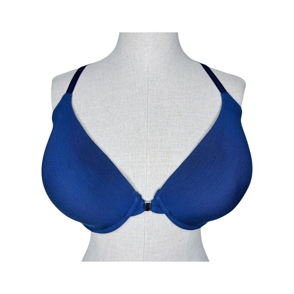 Adore Me Racerback Demi Bra sz 36DDD * Royal Blue & Lace Trim Y Back Front Close